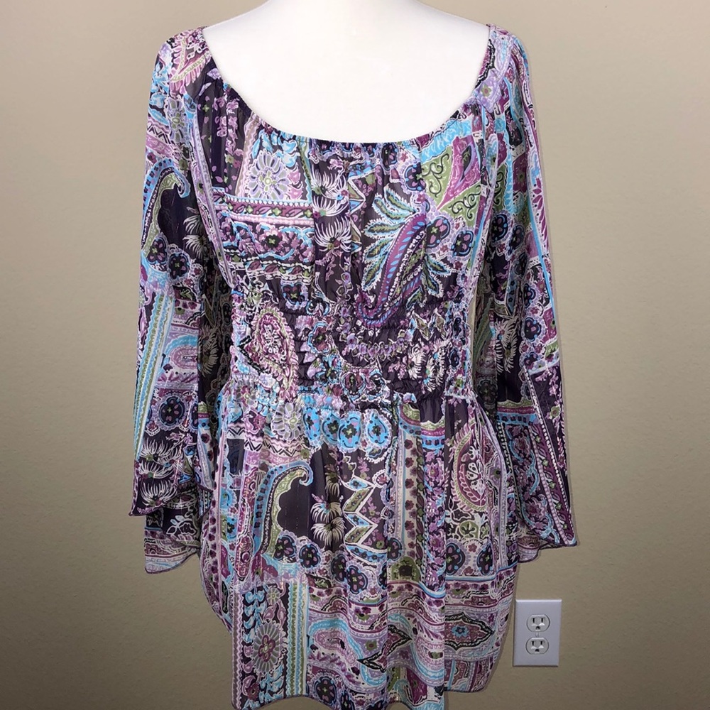 Jordache Blue & Purple Pattern Sheer Boho Bell Sleeve Top/Tunic -Size 11/13 Jrs.